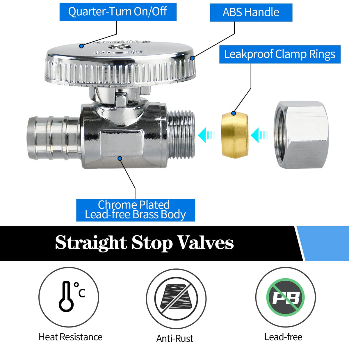 4 Pack Stop Valves, 1/4 Turn Straight Stop Valves