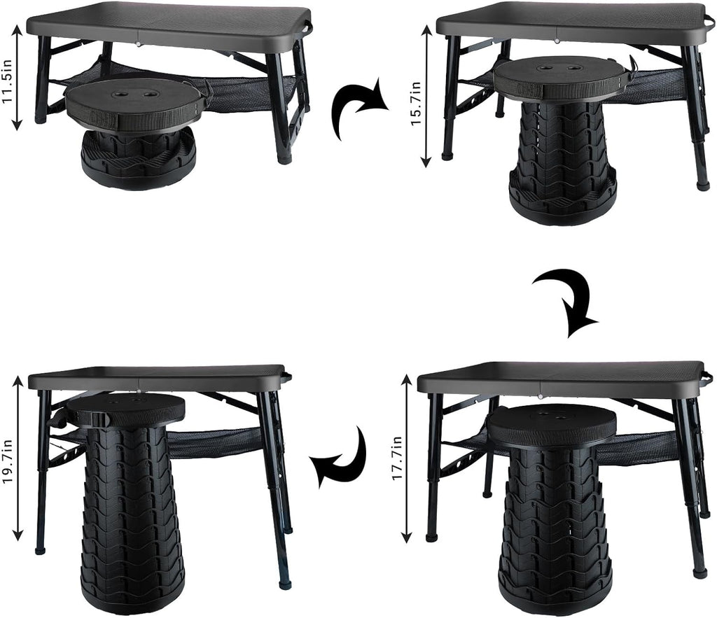 Folding Table and Stool, Small, Black, 4 Foot Outdoor Portable Table, Adjustable Height, Camping, Picnic, RV Table