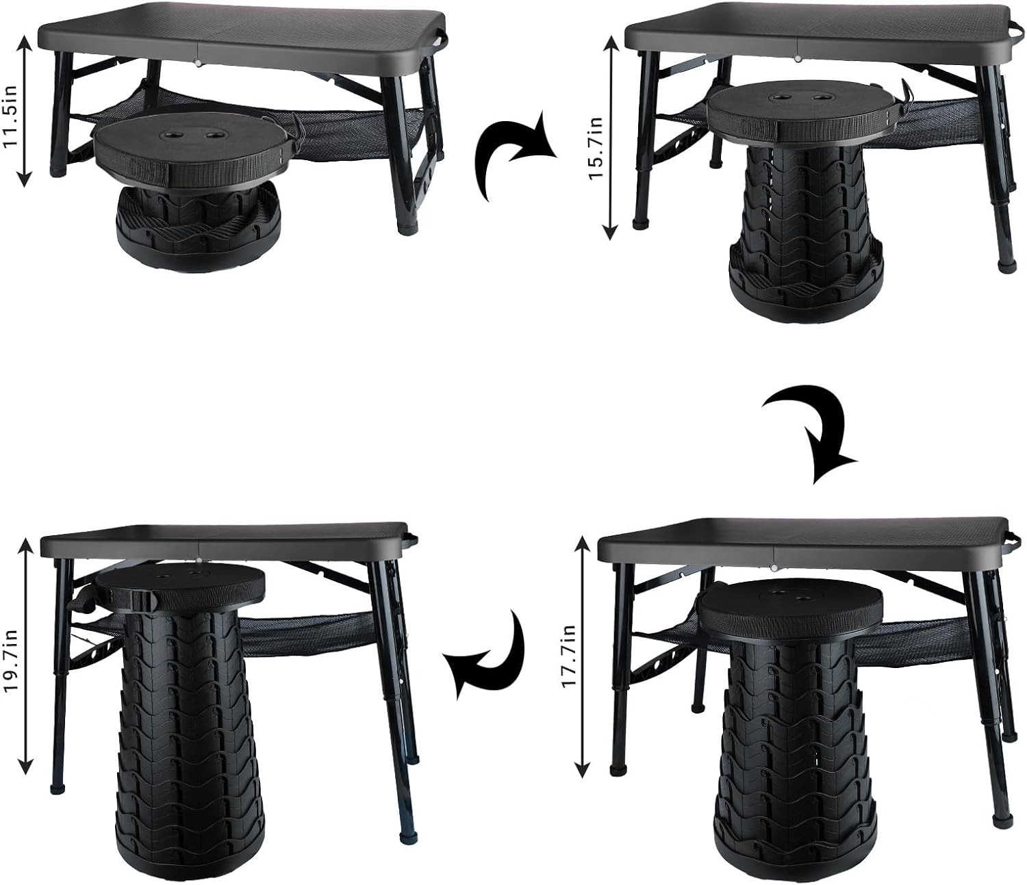 Folding Table and Stool, Small, Black, 4 Foot Outdoor Portable Table, Adjustable Height, Camping, Picnic, RV Table