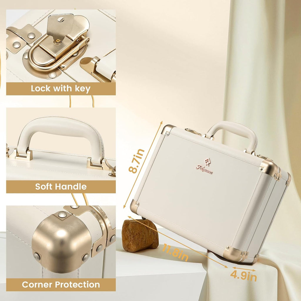 Lighted Makeup Case with Detachable Tray, Beige Vegan Leather Makeup Box Rechargable 3-Color LED Mirror, Travel Train