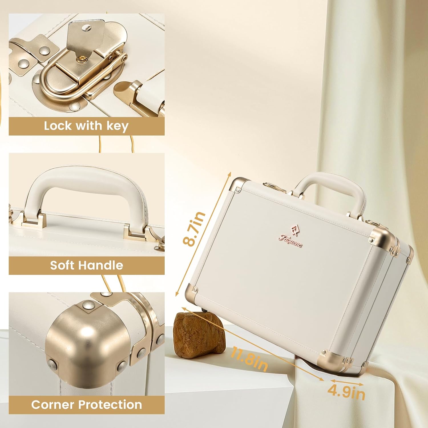 Lighted Makeup Case with Detachable Tray, Beige Vegan Leather Makeup Box Rechargable 3-Color LED Mirror, Travel Train
