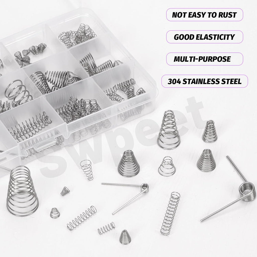148Pcs 3 Styles Stainless Steel Compression Springs Assortment Kit, 0.3/0,5/0.7/0.8/1 mm Conical Spring Compressed