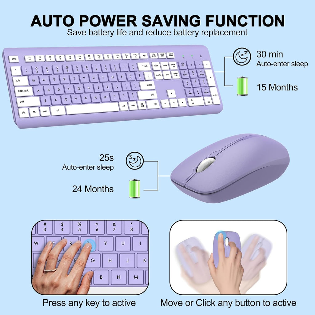 Wireless Keyboard and Mouse Combo, MK258 Full Size Silent Keyboard (Purple) | Silent for Home Office, Optical Mouse