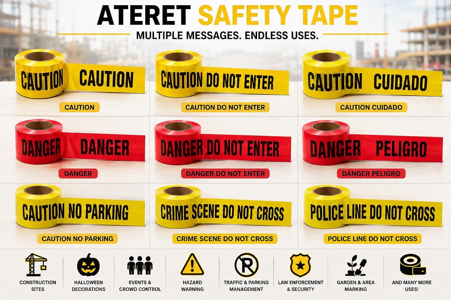 Premium Yellow Caution Tape I 3 inch x 1000 feet I Harzard Tape w/Bright Yellow & Bold Black Text I 3" Wide for