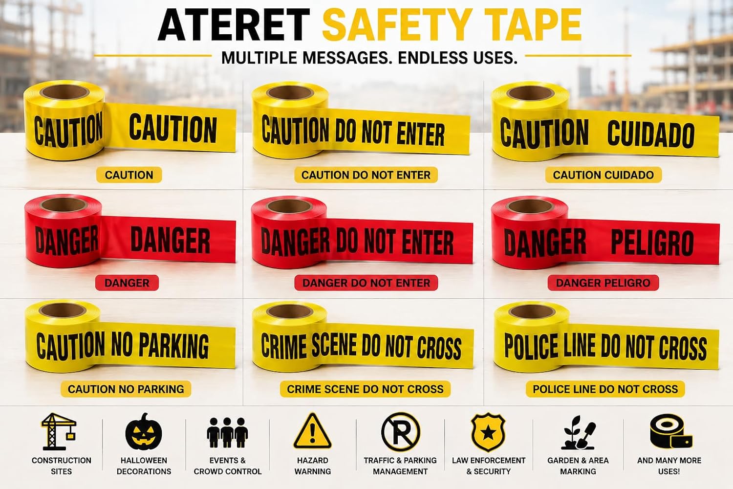 Premium Yellow Caution Tape 3-Pack 3 inch x 1000 feet, Hazard Safety Tape, Construction Tape for Danger/Hazardous