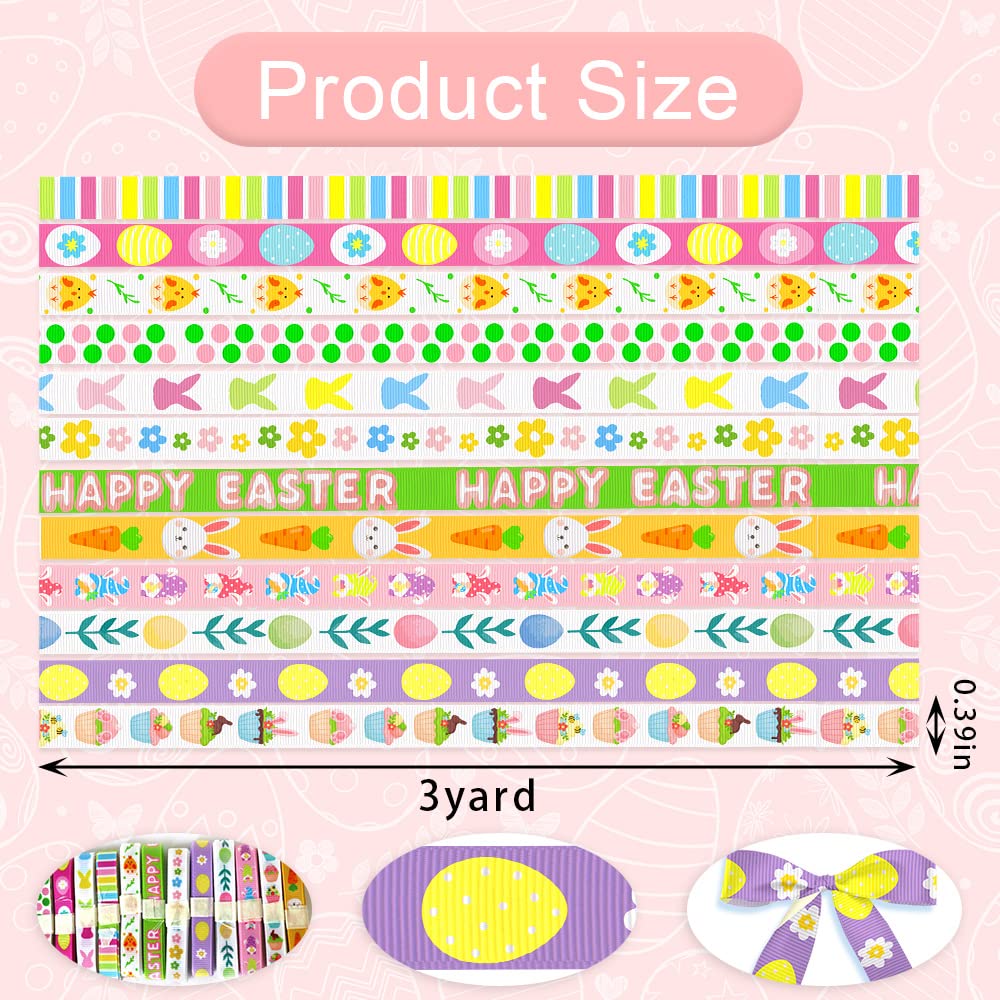 9 Pieces 3/8" Easter Ribbons Happy Easter Words Grosgrain Decor Ribbons 3 Yards, Easter Spring Rabbits Flowers Satin
