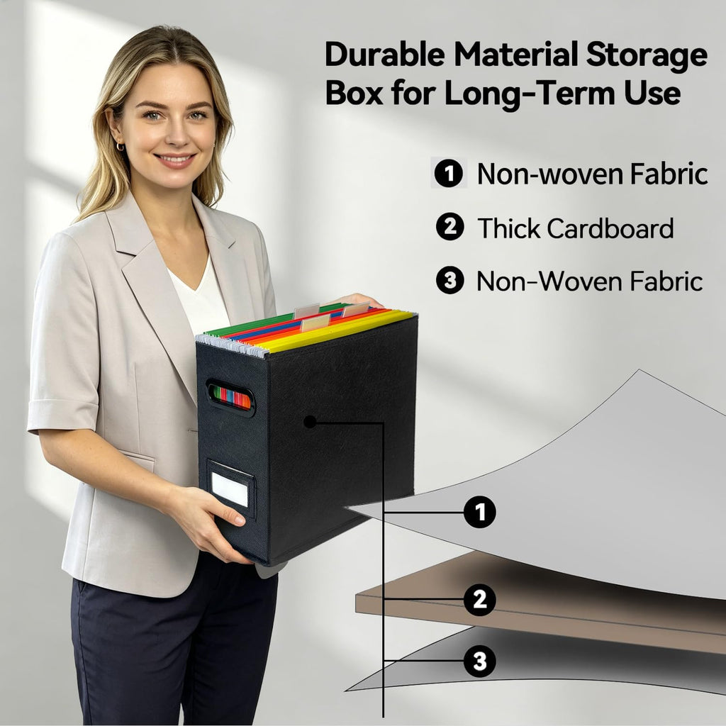 2 Pack Collapsible File Storage Box for Letter Size Documents, Portable File Organizer Box with Plastic Rails and