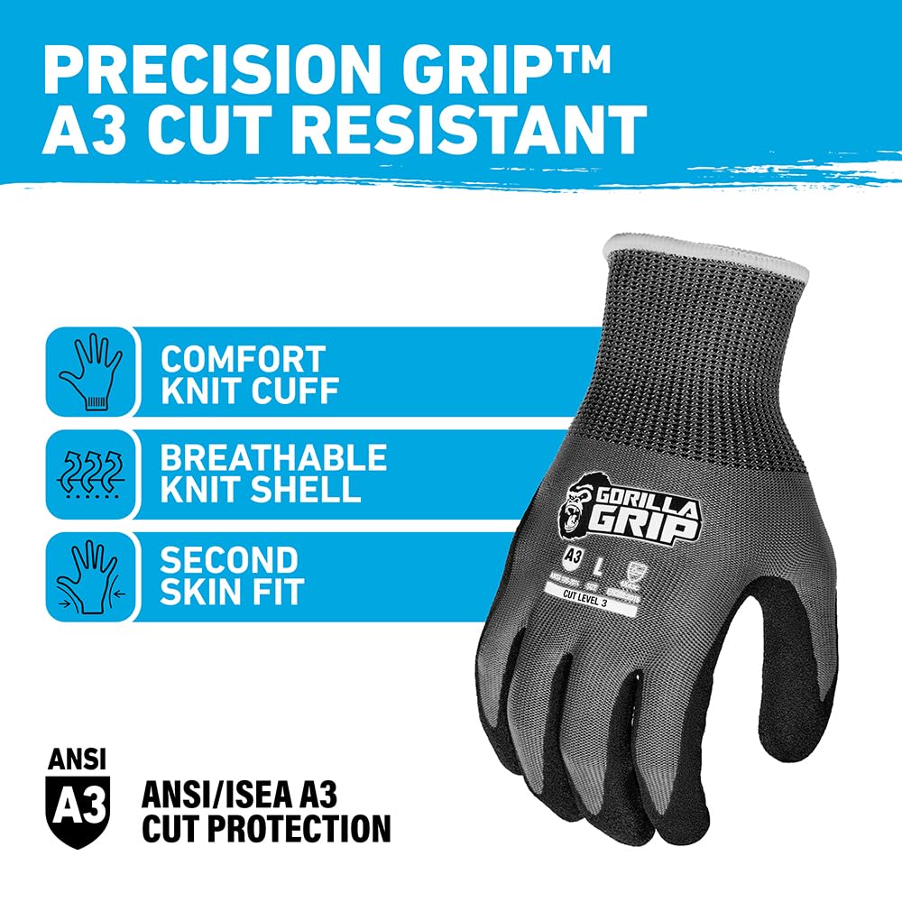 A3 Cut Resistant Work Gloves, X-Large, 12 Pack, Gray