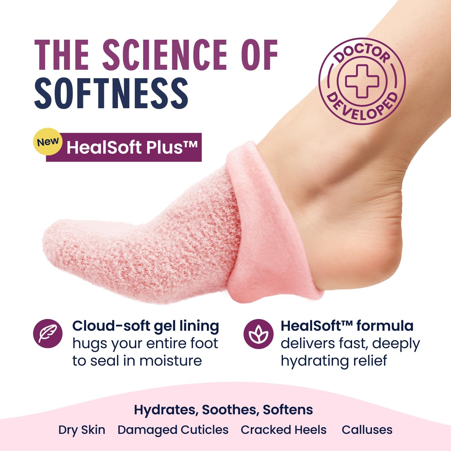 Moisturizing Gel Socks, Plush Pink, 1 Pair | Full-Foot Gel Lining, Overnight Foot Care, Dry Feet and Cracked Heels