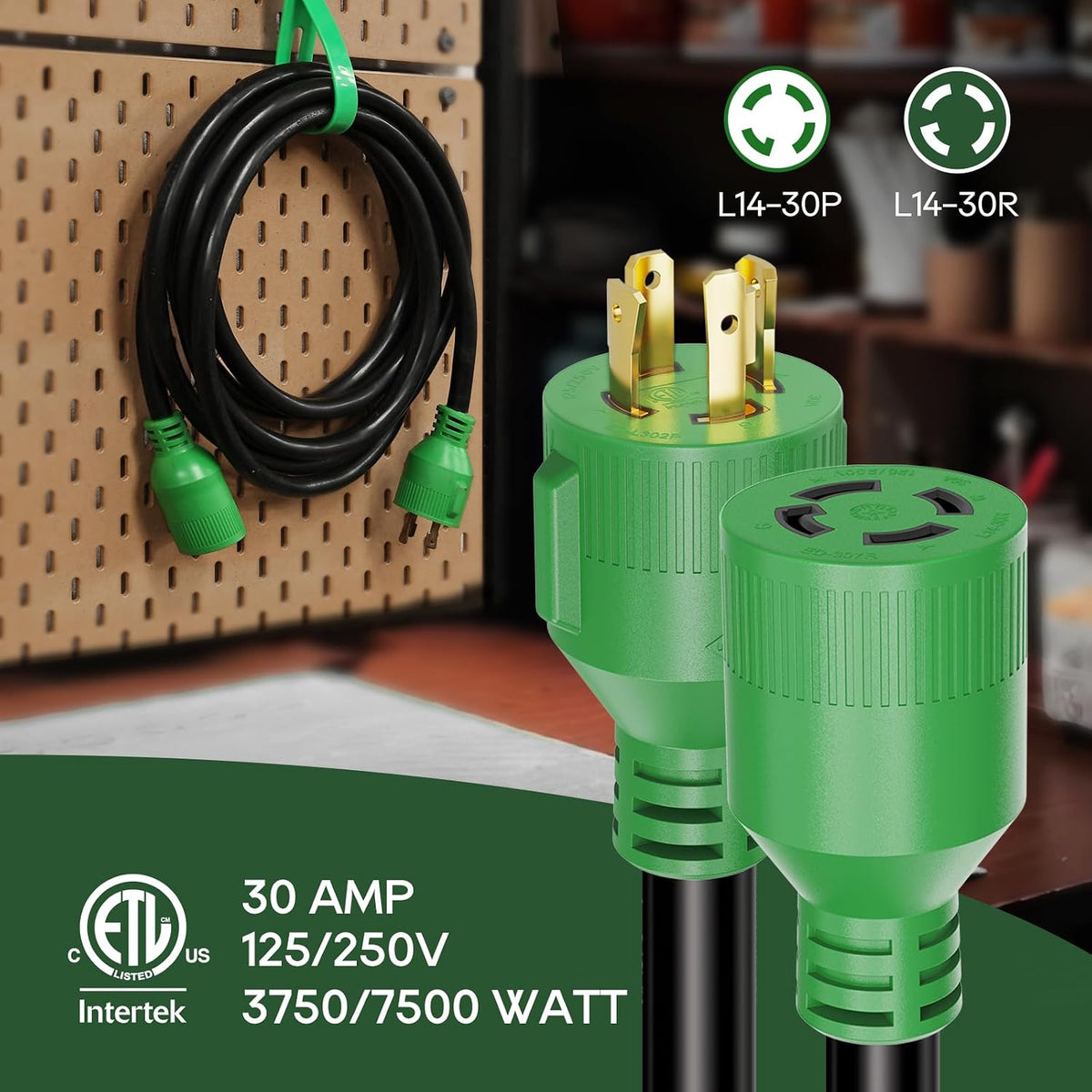 4 Prong 30 Amp 25 Foot Generator Extension Cord, ETL Listed | NEMA L14-30P/L14-30R, 125/250V Up to 7500W, 10 Gauge SJTW