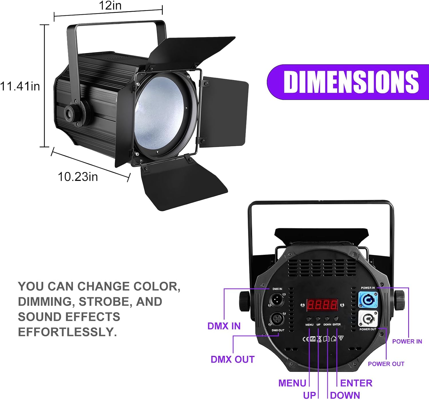 COB Stage Lights with Barn Doors, COB Par Light 200W LED RGBWAUV DMX512 Master-Slave Sound DJ Lighting Spotlight