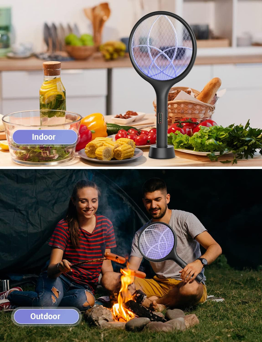 Electric Fly Swatter 4000V Bug Zapper Racket Dual Mode (2, Black) | Auto Manual Mode, Purple Attractant Light