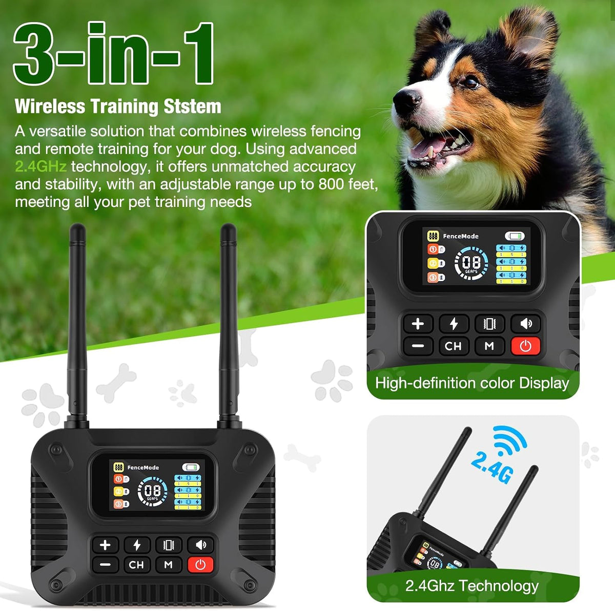 Wireless Dog Fence for 3 Dogs, KJEFYPETZN Remote Dog Training Collars System, Waterproof Rechargeable Electric Pet