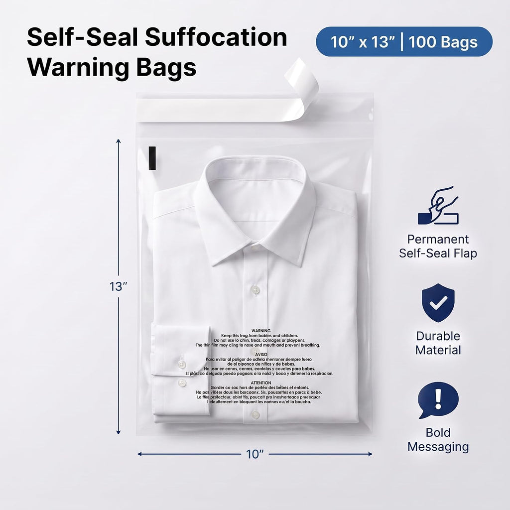 10” X 13” (100 Count) Self Seal Clear Poly Bags with Suffocation Warning