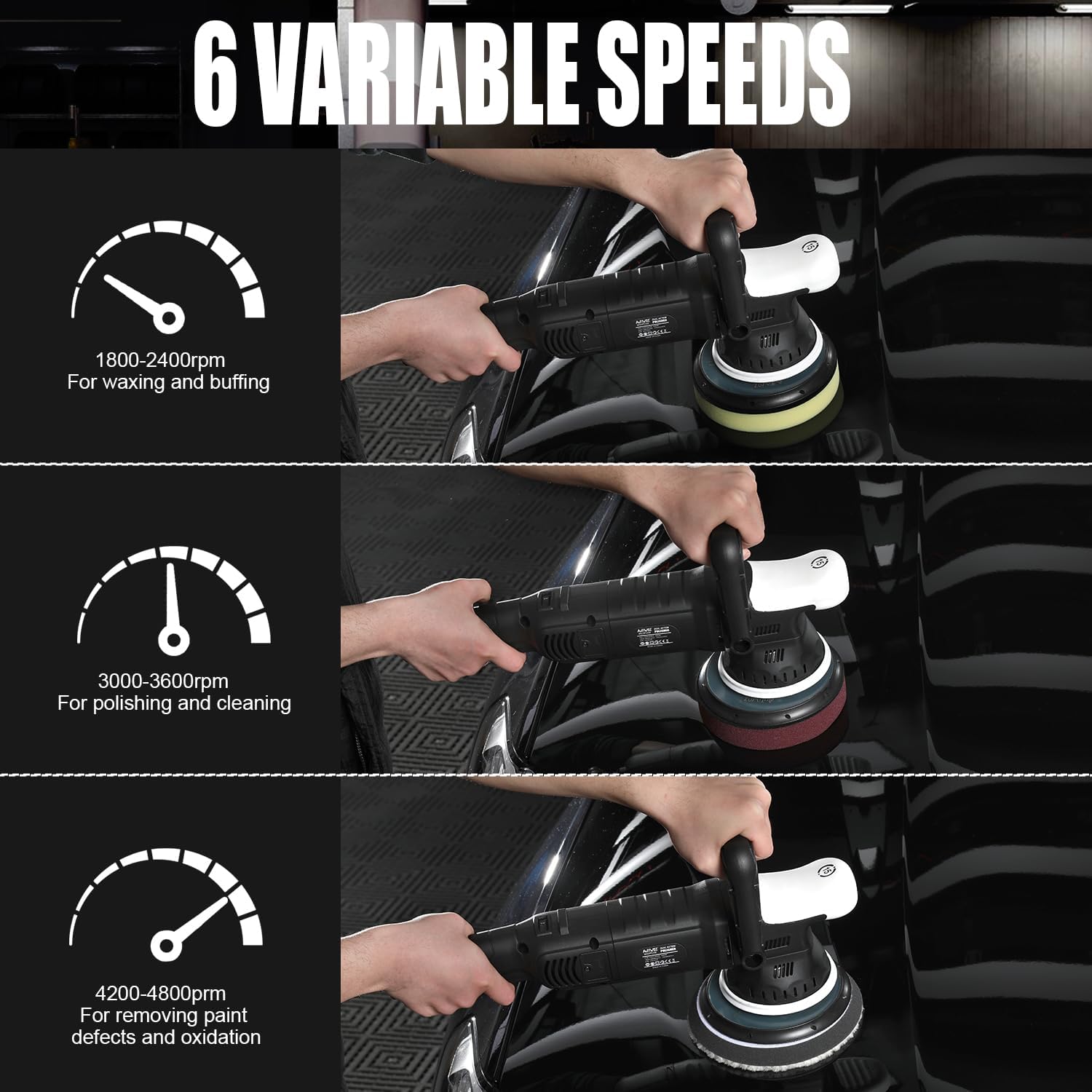 Car Buffer Polisher, 6-Inch Dual Action Polisher for Car Detailing, 15mm Random Orbital Car Polisher with 6 Variable