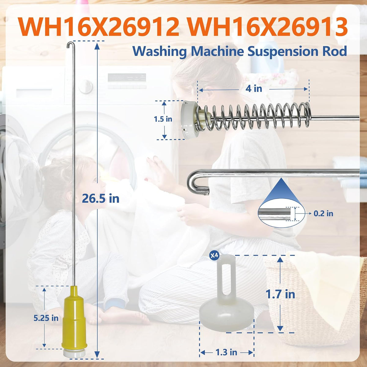 WH16X26912 WH16X26913 Suspension Rod, Washing Machine Suspension Rod (4PCS), for GE GTW750CPL1DG GTW750CSL1WS GTW755CPM0DG GTW755CPM1DG GTW755CSM0WS GTW755CSM1WS GTW750CSL0DG