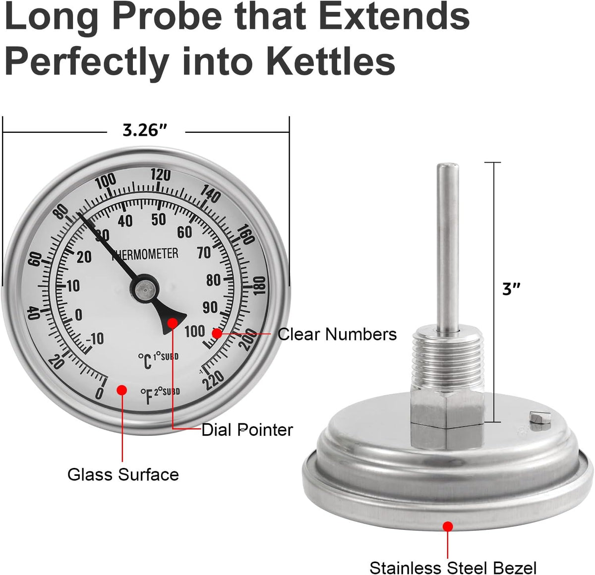 Dial Thermometers, Stainless Steel Homebrew Kettle Thermometer