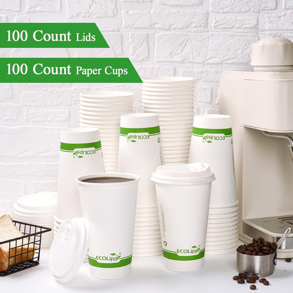 100 Count 16 oz Compostable Paper Coffee Cups with CPLA Lid