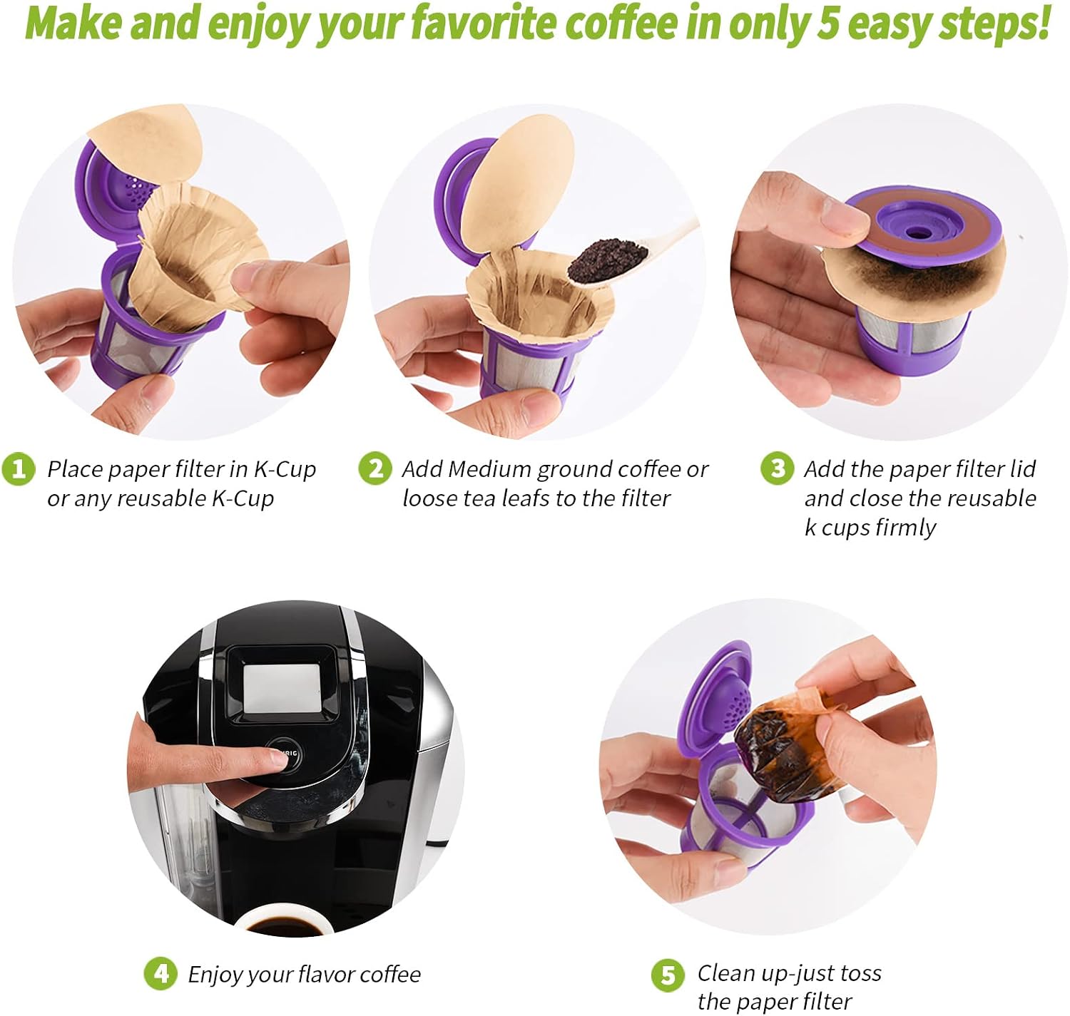Unbleached K Cup Paper Filters with Lid, Fits Keurig 1.0 & 2.0 Reusable Pod | 100% natural unbleached wood pulp