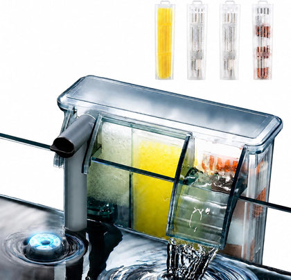 Aquarium Filter for 0-10 Gallon Fish Tanks, Easy Change Replaceable Filter Cartridge, Customizable Media Chamber
