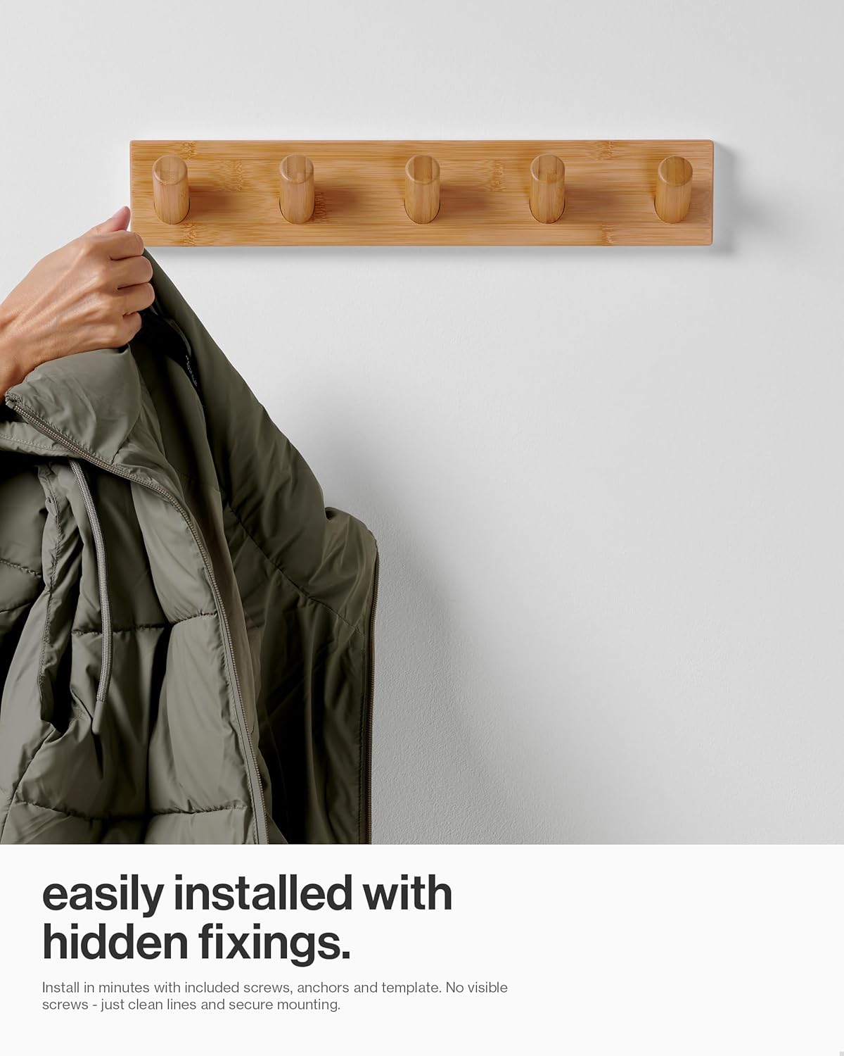 Wall Mounted Coat Rack with 5 Heavy-Duty 1" Diameter Hooks (2-Pack), 16.5" - Wooden Wall Hook Rack - Modern
