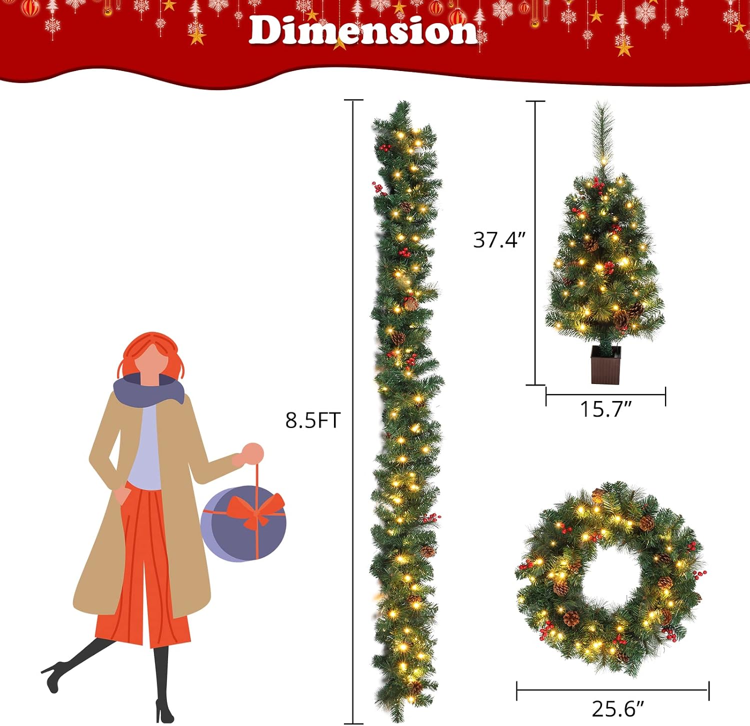Pre-lit Christmas Tree 5-Piece Set with LED Lights, Christmas Garlands, Wreath and Set of 2 Entrance Trees Artificial