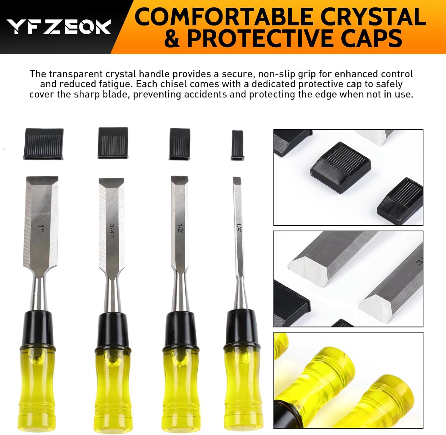 Wood Chisel Sets，4-Piece Woodworking Tools Set, CR-V Steel Beveled Edge Blades with Safety Caps. Durable PVC High