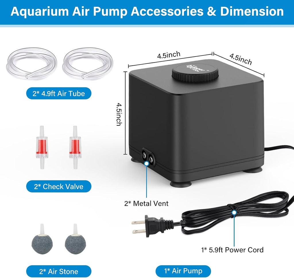 Aquarium Air Pump, Quiet Adjustable Fish Tank Air Pump, 4W/7W/11W Powerful Oxygen Aerator Dual Stainless Steel