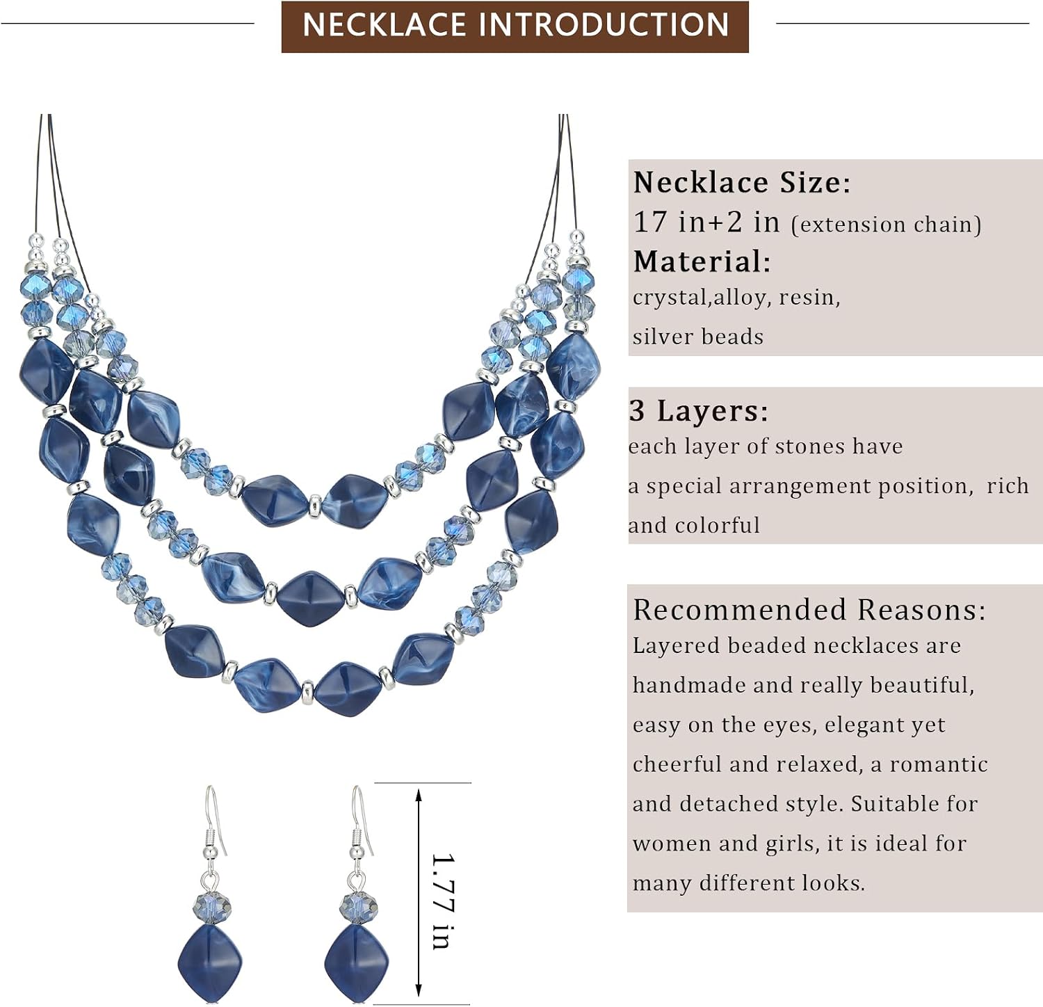 3 Layered Chunky Statement Necklace for Women Beaded Strand Necklaces with Earring Fashion Costumes Collar Necklace