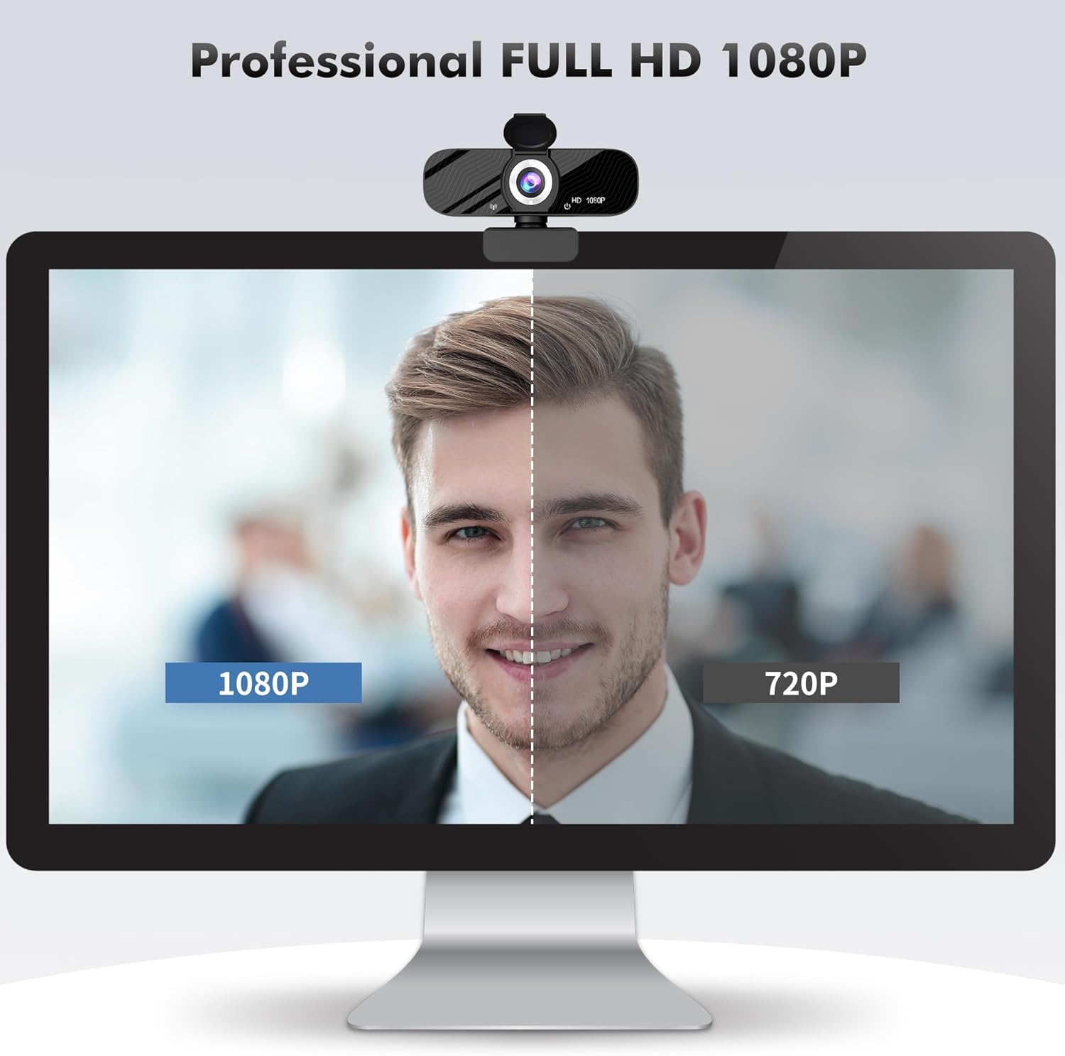 Full HD 1080P Video Webcam, Noise Cancellation, Privacy Cover, Wide-Angle Lens, Auto Light Correction, Plug & Play