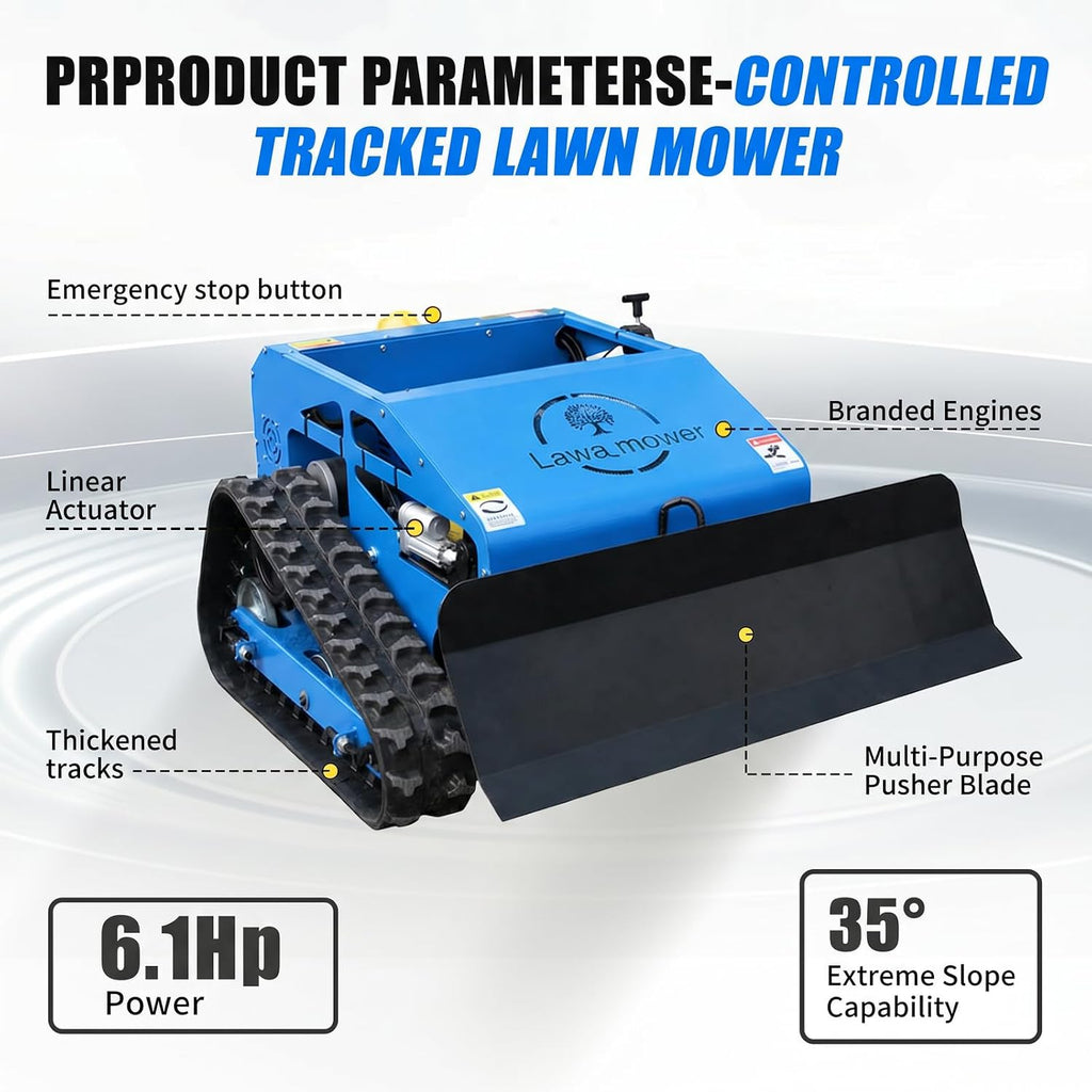 Remote Control Lawn Mower Robot Crawler with Snow Plow Attachment-Range 600m, Hybrid Gas-Electric Power, 9HP Gasoline