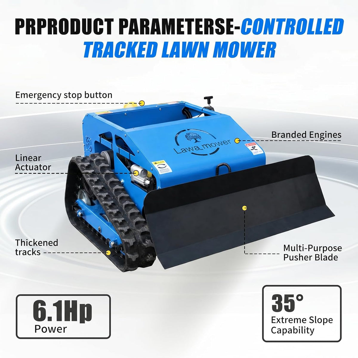 Remote Control Lawn Mower Robot Crawler with Snow Plow Attachment-Range 600m, Hybrid Gas-Electric Power, 9HP Gasoline