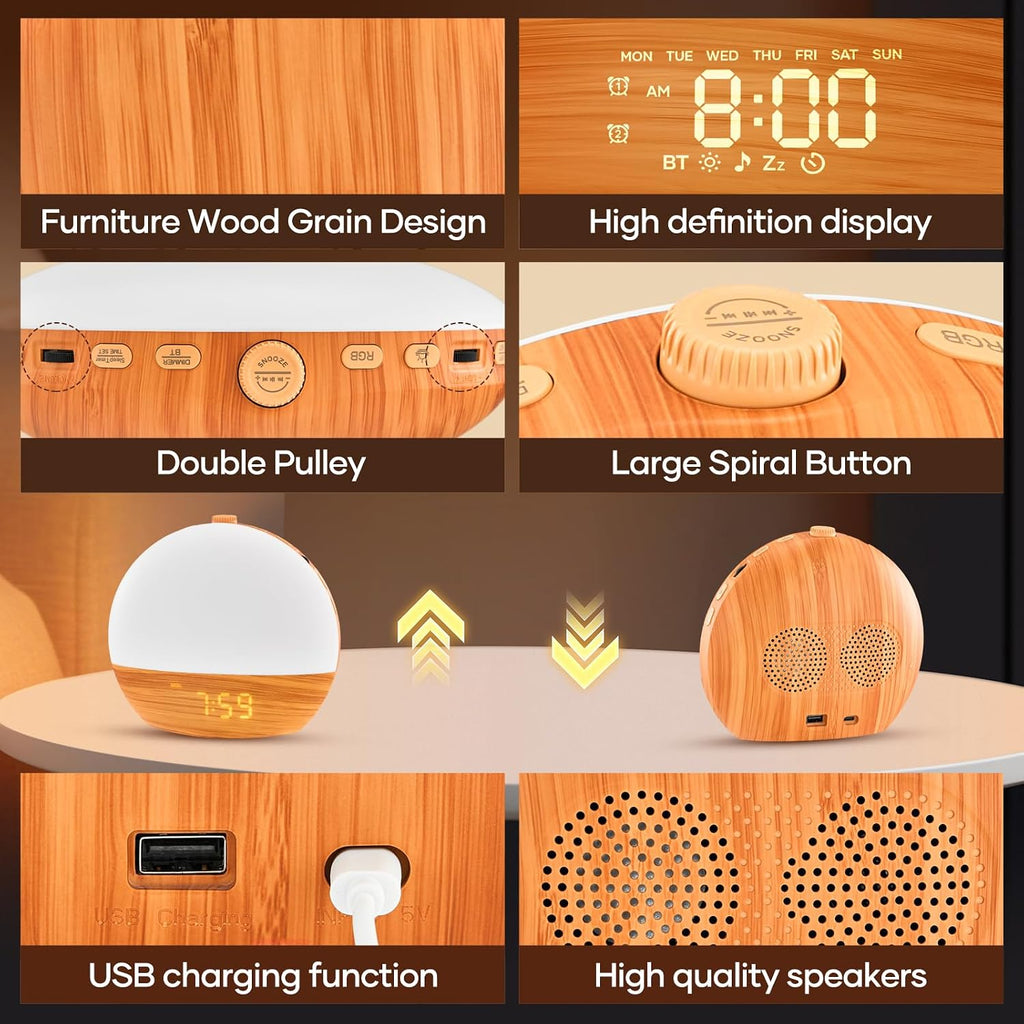 Sunrise Alarm Clock Dual Alarm Clock for Heavy Sleeper | Wood Grain Dimmable Night Light, White Noise Machine for