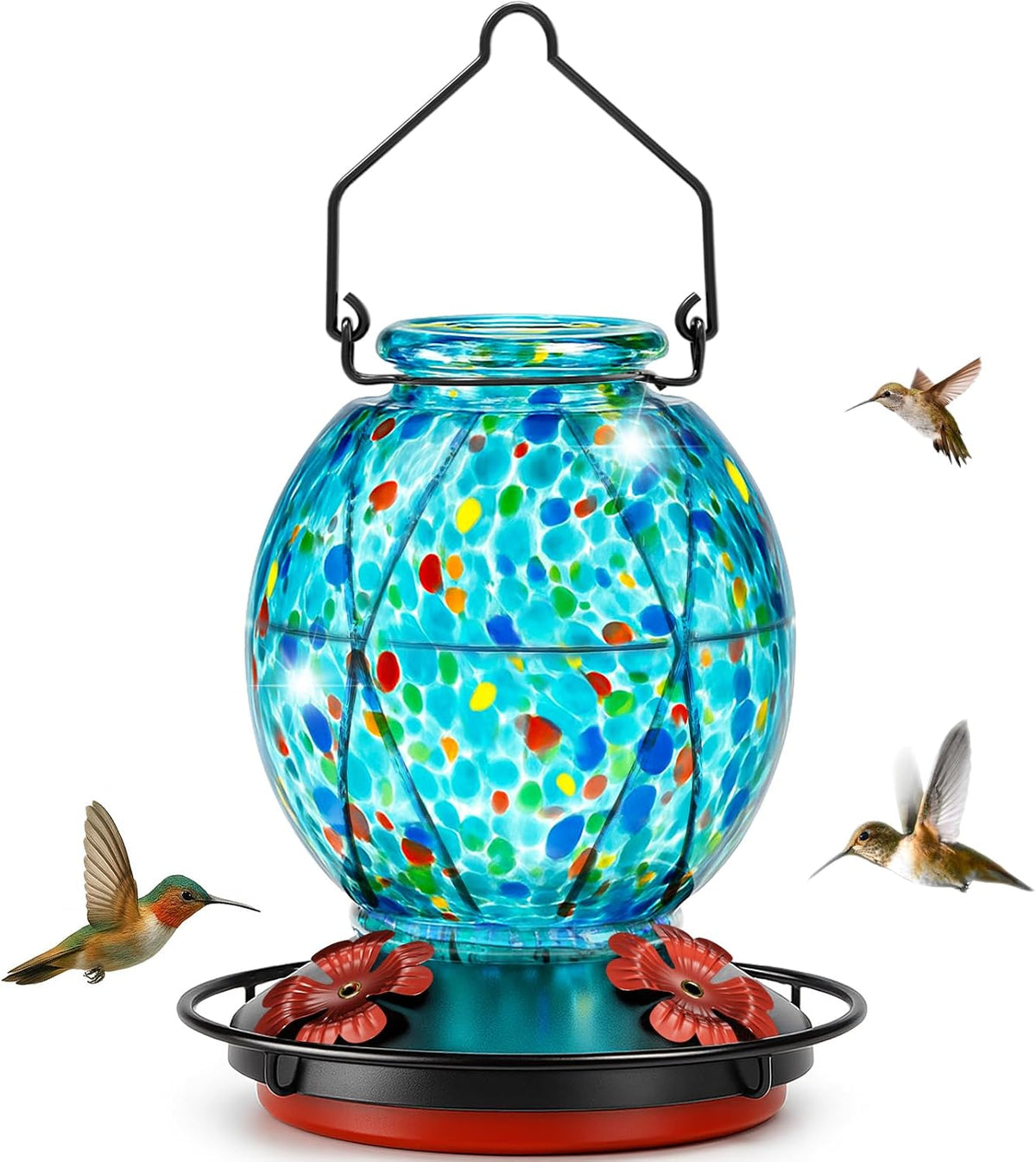 Hummingbird Feeder, Glass Hummingbird Feeder for Outdoors, Vibrant Colors Attract Hummingbirds, 18 Ounces, Netted