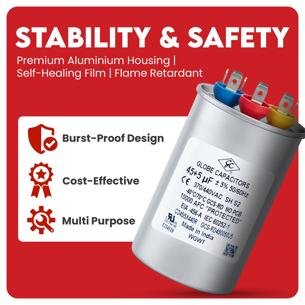 Globe Capacitor, Round Run Start, 45+5MFD CBB65 Dual Element, 370V/440V