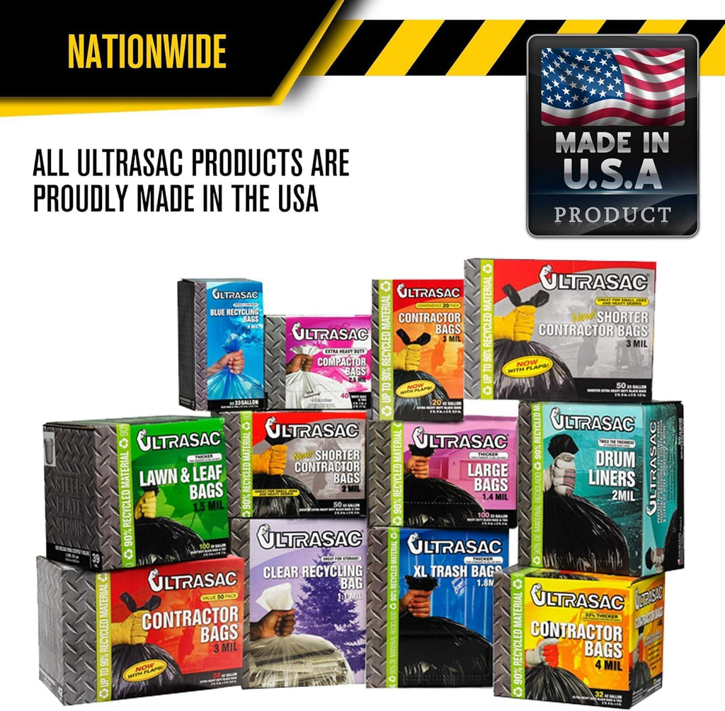 Contractor Bags 42 Gallon (20 PACK/w FLAP TIES), 32.75 x 44.5-3 MIL Thick Large Black Heavy Duty Industrial Garbage
