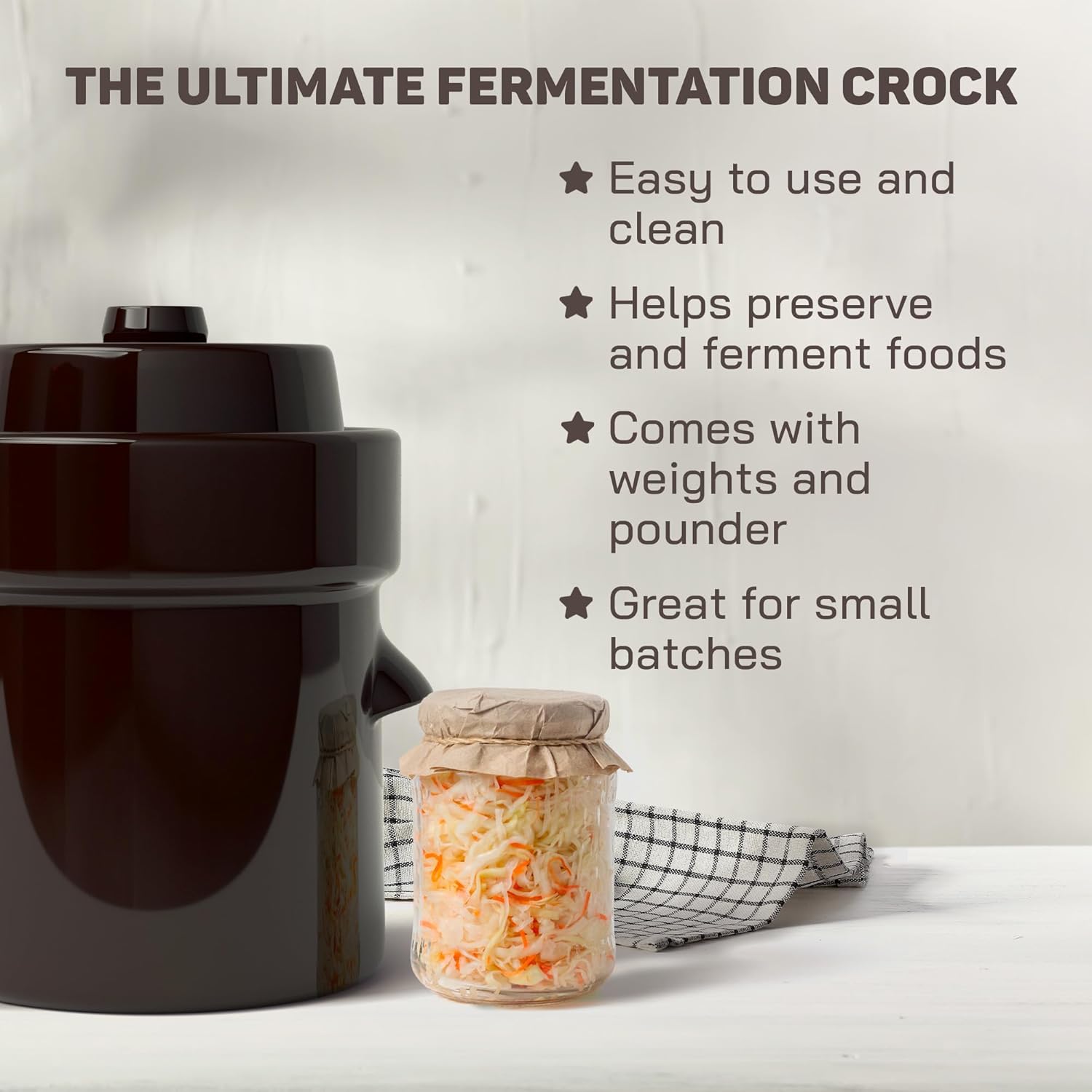 Fermentation Crock 1/2 Gallon - Sauerkraut Crock with Weights & Pounder | Ceramic Fermenting Crock Kit for Pickling