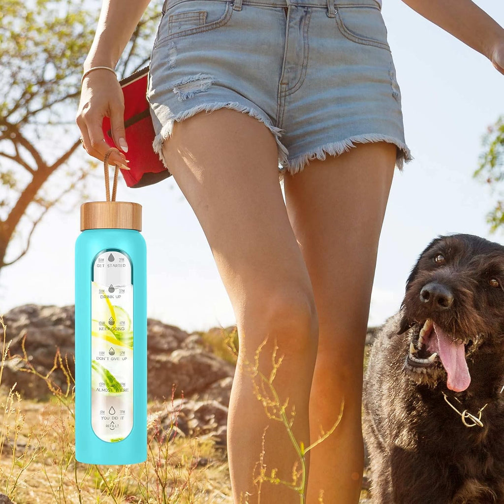 Glass Water Bottles 32 Oz with Silicone Sleeve - BPA Free Reusable Wide Mouth Glass Motivational Water Bottles with