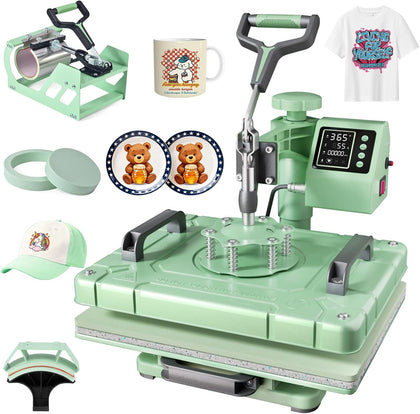 Heat Press 5 in 1 Heat Press Machine 12x15 inch T Shirt Pressing Machine with 360 Degree Swing Away, Multifunction