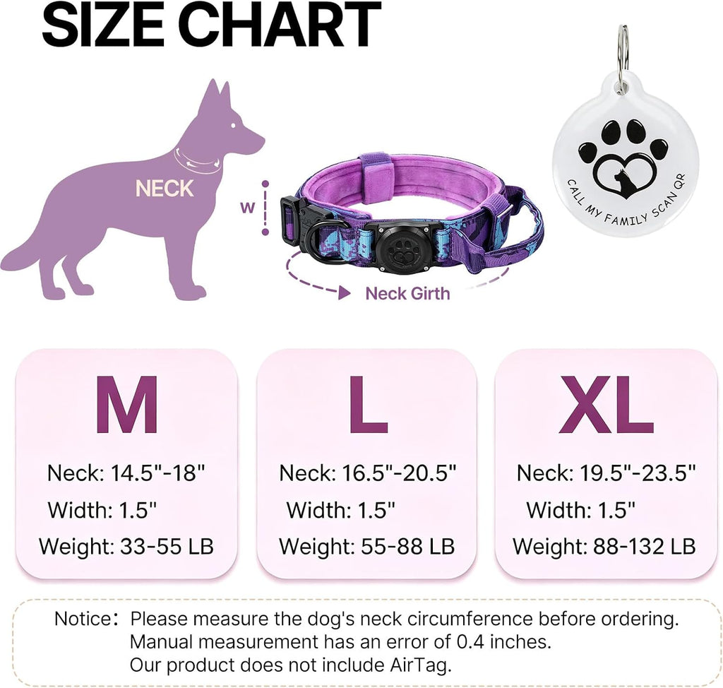 IP68 Waterproof Tactical Airtag Dog Collar with Handle,Purple Camo,L