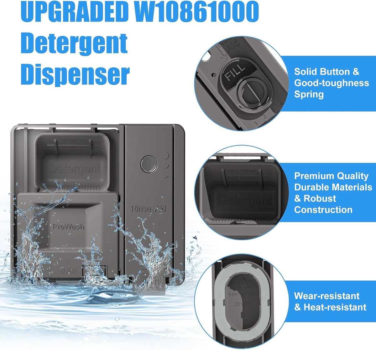 W10861000 Dishwasher Detergent Dispenser Replacement for Whirlpool, Kenmore, KitchenAid, Maytag - Replaces W10620296, W10620298, W10620299, W10861000VP, AP5999391