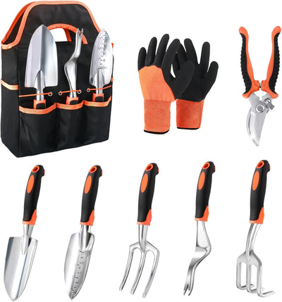Garden Tools Set, 8 Piece Gardening Tools Set with Non Slip Ergonomic Handle, Heavy Duty Garden Tool Set with Storage