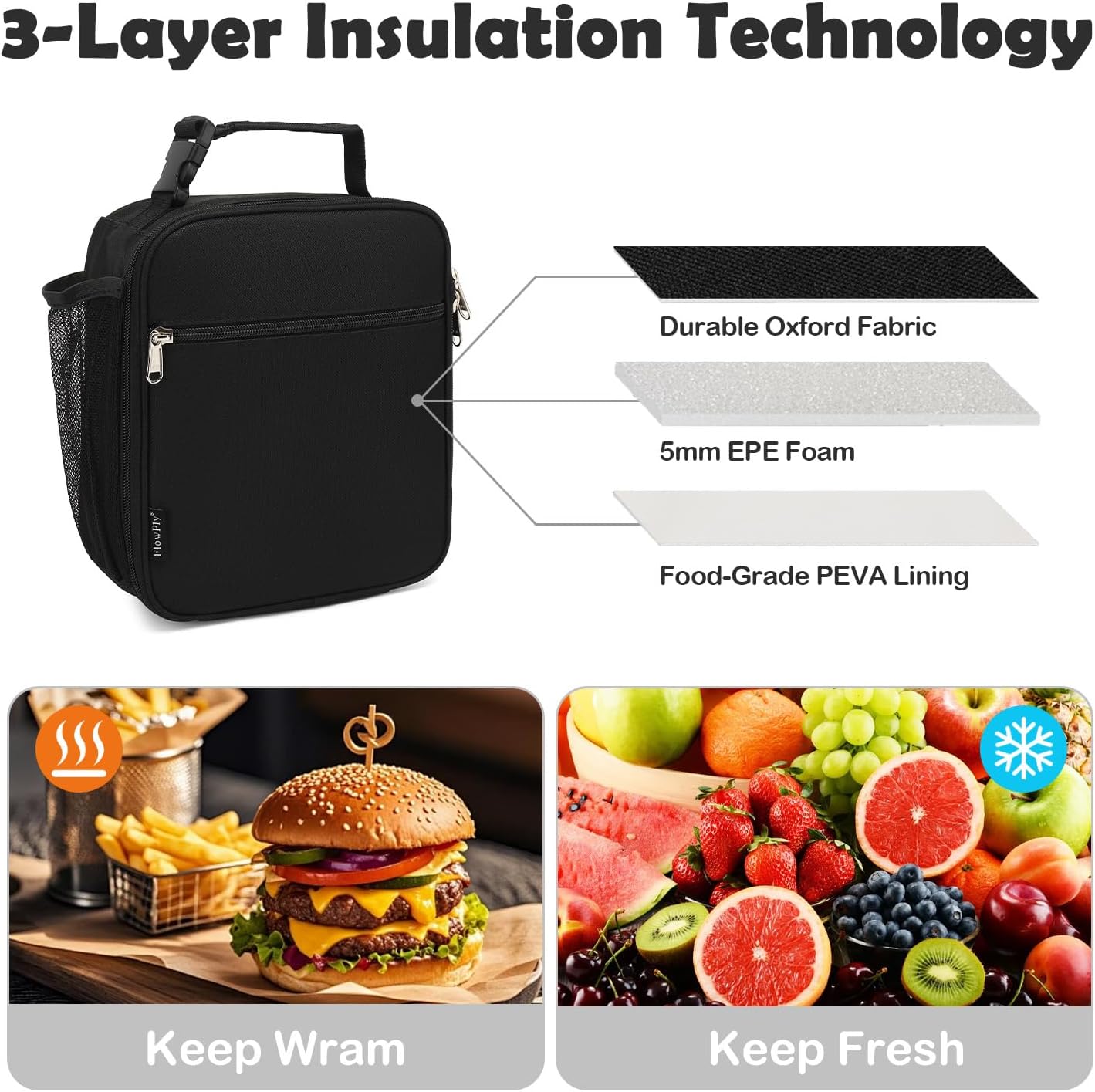 Kids Lunch Box Insulated Letter Print Soft Bag Mini Cooler Back to School Thermal Meal Tote Kit for Girls, Boys, Black