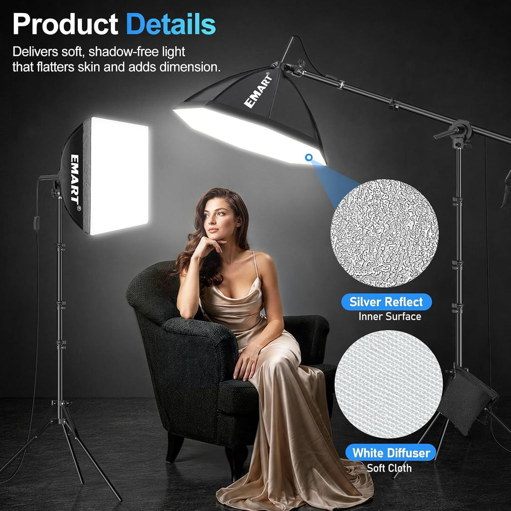 Softbox Photography Lighting Kit, 50W LED 2PCS Soft Box with Boom Arm | Professional Equipment 16"x16" & 20"x20"