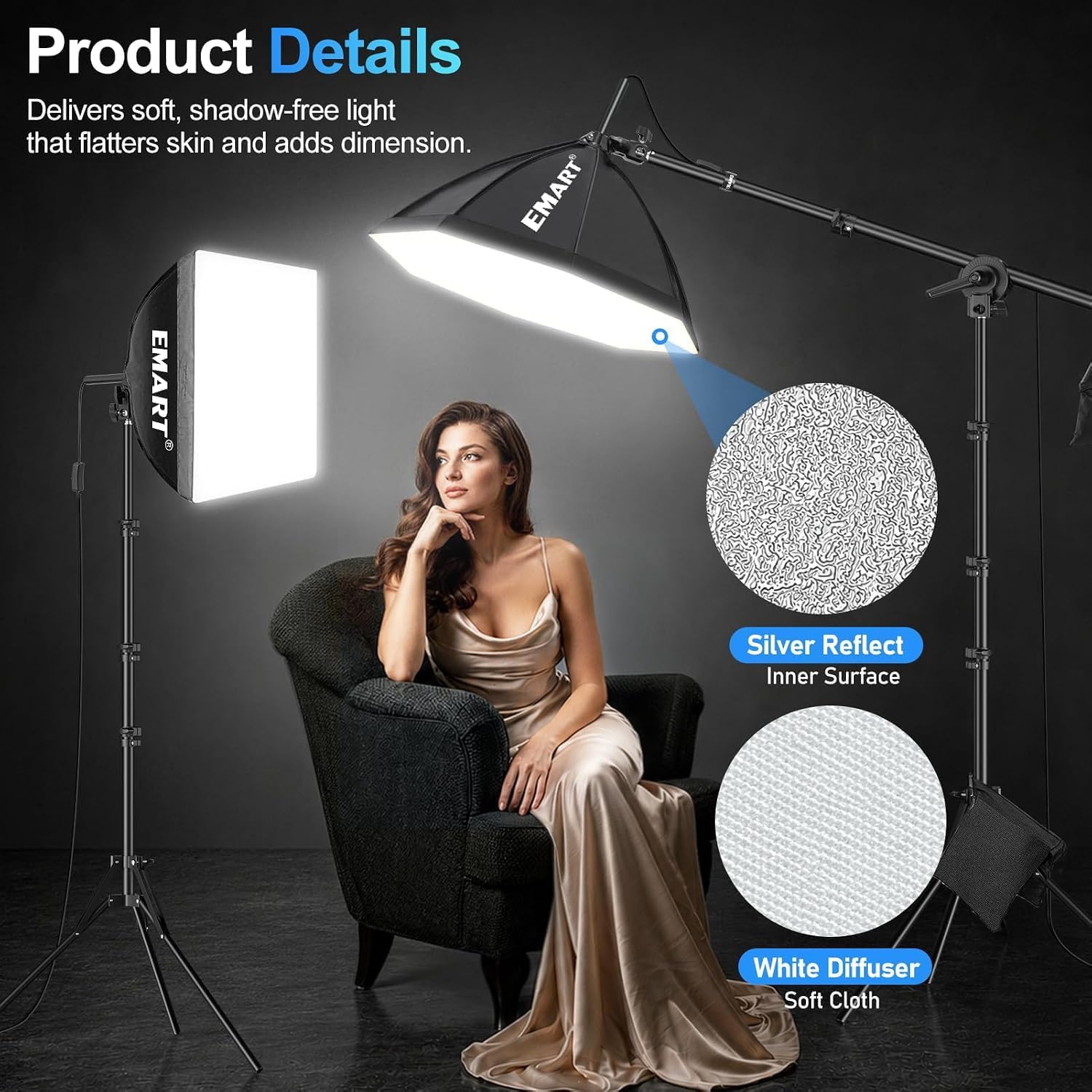 Softbox Photography Lighting Kit, 50W LED 2PCS Soft Box with Boom Arm | Professional Equipment 16"x16" & 20"x20"