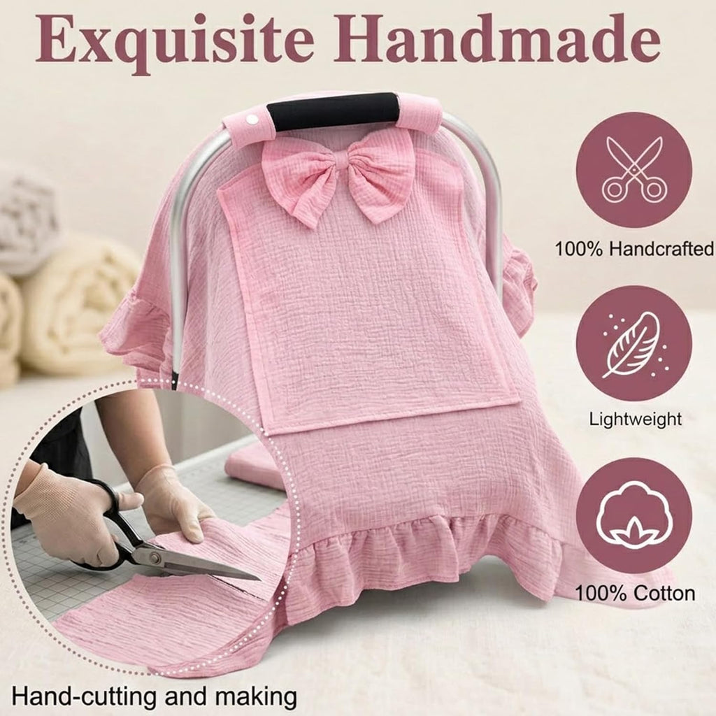Car Seat Cover Baby Girls, Muslin Infant Car Seat Cover with Detachable Bow, Handmade Baby Carrier Cover with Mesh