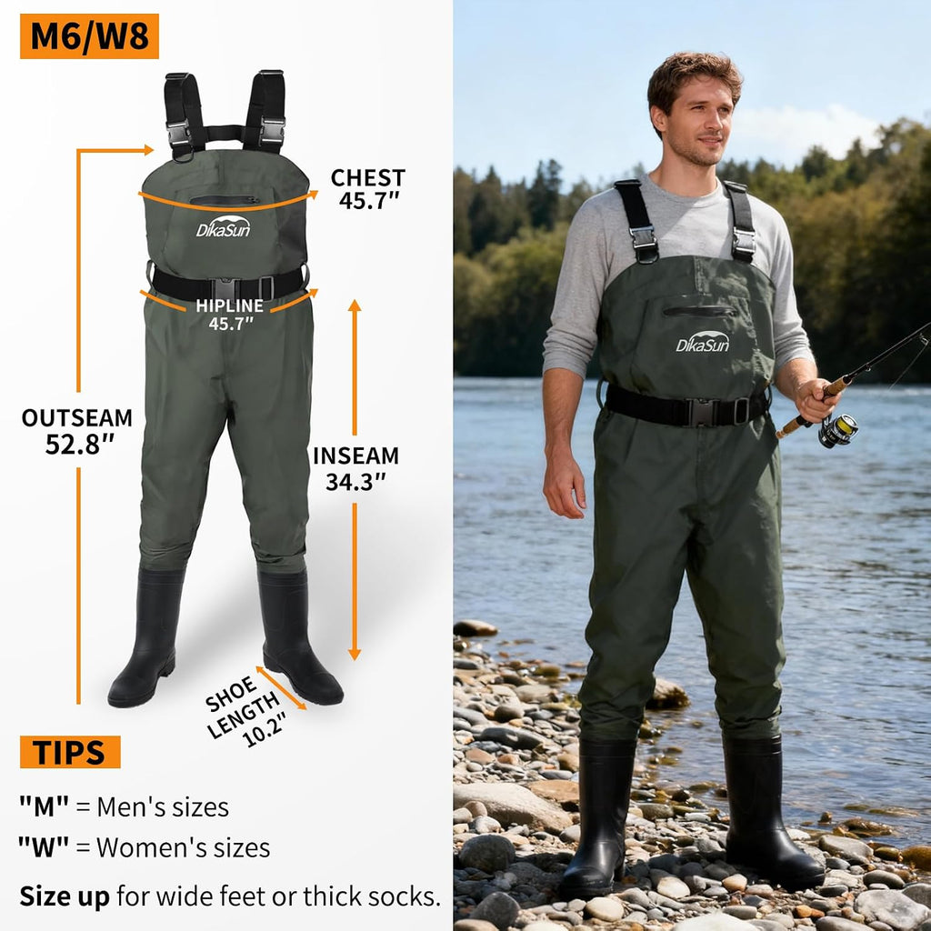 Waterproof Fishing Waders for Men Women| 2-Ply Nylon/PVC Chest Wader with Boots for Fishing(M6/W8)