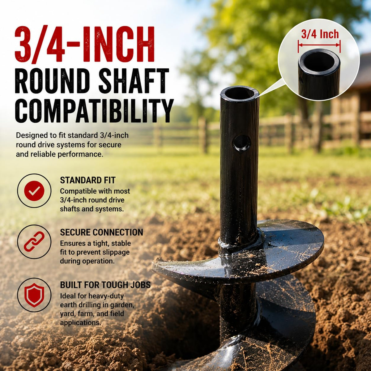 10" Replacement Earth Auger Bit, 3/4" Round Shaft for Gas Post Hole Digger, Heavy-Duty Spiral Drill Bit for Fence