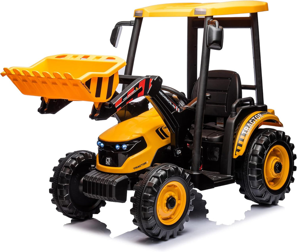 24V Ride on Tractor with Front Loader, Ride On Excavator with 24volt Dual Motors 4-Gearbox Metal Frame Kids Electric