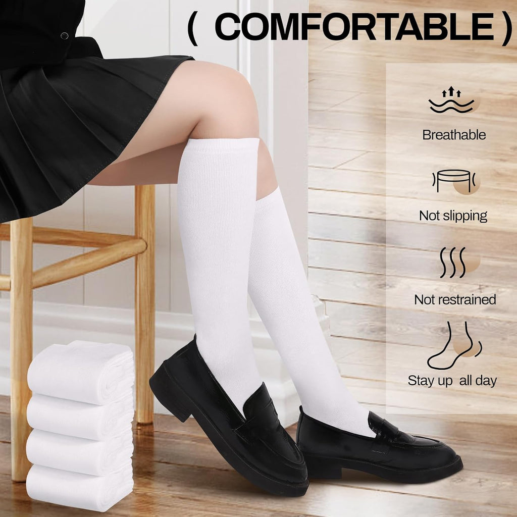 Knee High Socks for Girls Boys Kids, Cotton, Seamless, 4 Pairs | School Uniform Socks, Over The Knee